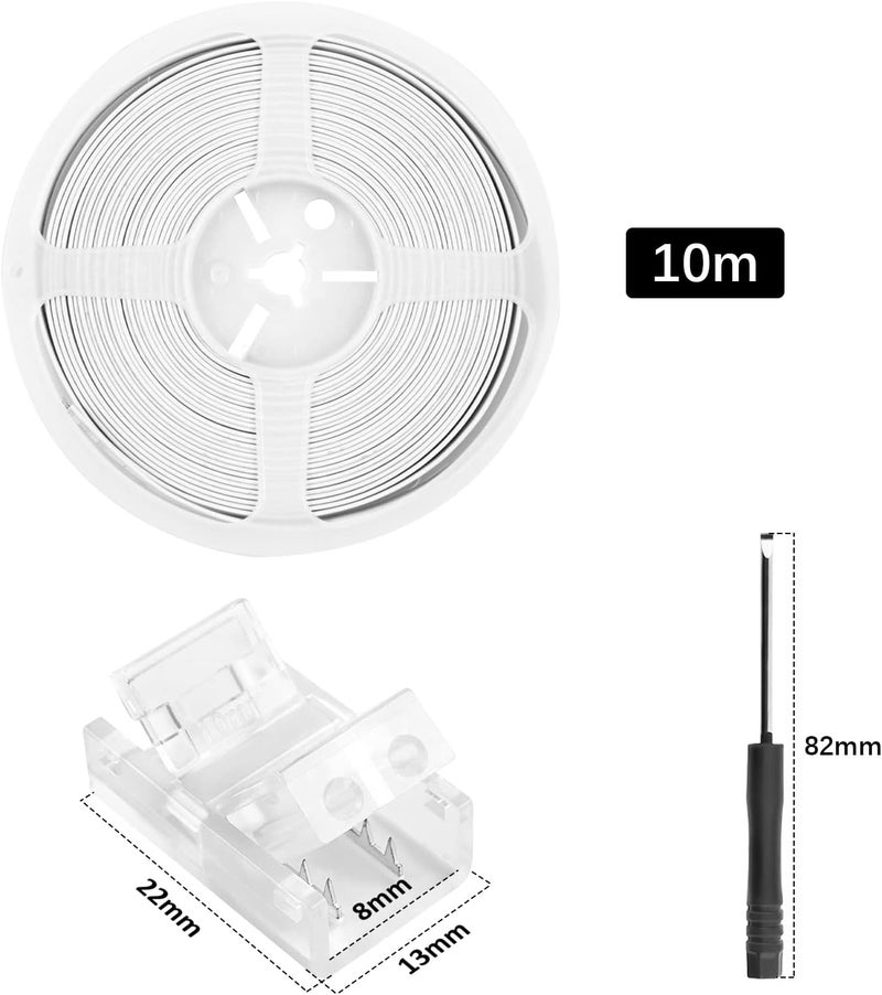 RGBZONE 2 Pin LED Strip Connector Kit, 5pcs 8mm Strip to Wire Connectors and 10m Extension Cable for Waterproof or Non-Waterproof Single Color LED Strip Lights - Image 2